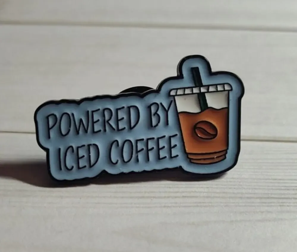 Funny Powered By Iced Coffee Pin Humor Lapel Hat Badge